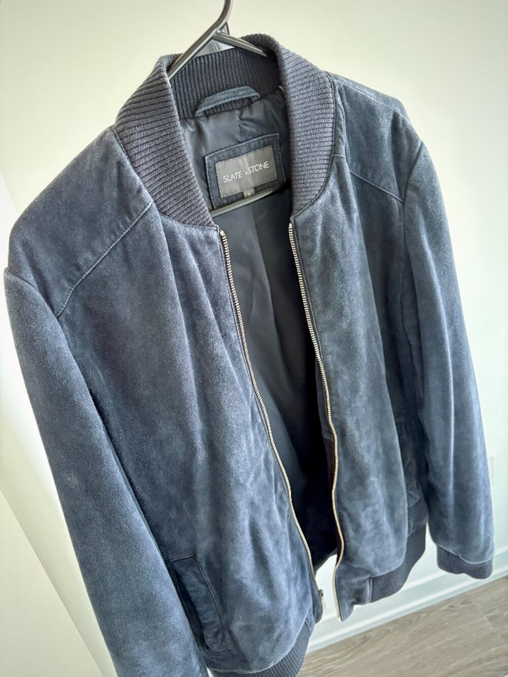 Men’s Navy Suede Bomber Jacket Small – Slate & Stone Goat Leather Jacket